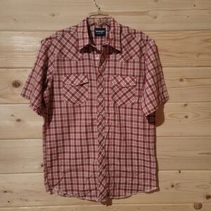 Vibtage Men's Wrangler Red Plaid Casual Button Down Shirt Size LT 23x33